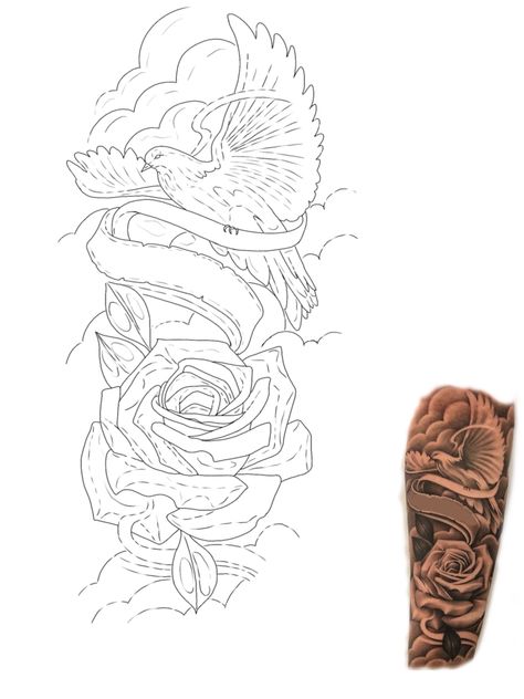 Realism Stencil, Dove And Rose Tattoo, Chest Tattoo Stencils, Half Sleeve Tattoo Stencils, Rose Tattoo Stencil, Rose And Butterfly Tattoo, Rose Tattoo Forearm, Simple Forearm Tattoos, Tattoo 2024