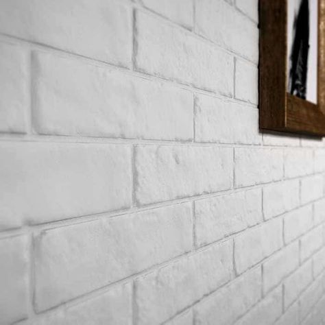 Castle Brick White PAINTED #BRICKLOOK Faux Brick Tiles, White Brick Tiles, Brick Effect Tiles, Rock Tile, Rustic Backsplash, White Brick Wall, White Porcelain Tile, Arizona Tile, Gray Porcelain Tile