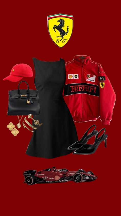 scuderia ferrari f1 outfit #ferrari #f1 #ferrarif1 #outfit F1 Las Vegas Outfit, Ferrari Corset, Ferrari Girl Outfit, F1 Girl Outfit, F1 Halloween Costume, Rich Looking Outfits, Ferrari Clothes, F1 Outfit For Women, F1 Fits