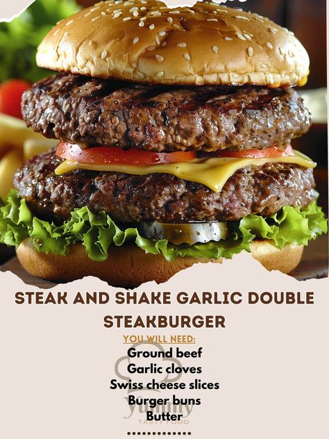 🍔🧄 Try the ultimate burger experience with Steak and Shake Garlic Double Steakburger! 🍔🧄 #BurgerLovers #GarlicGoodness Steak and Shake Garlic Double Steakburger Ingredients: Ground beef (1 lb) Garlic cloves, minced (4) Swiss cheese slices (4) Burger buns (4) Butter (2 tbsp) Olive oil (2 tbsp) Salt and pepper to taste Instructions: Form ground beef into 4 patties, season with salt and pepper. Cook patties in a skillet with olive oil until desired doneness. Sauté garlic in butter until frag... Ultimate Burger, Burger And Fries, Delicious Burgers, Burger Buns, Swiss Cheese, Skillet, Buns, Ground Beef, Garlic Cloves