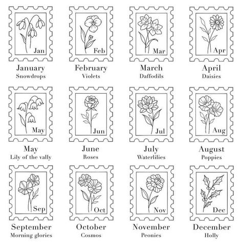 Birth Animals By Month Tattoo, Medium Fine Line Tattoo, Lily Of The Valley Stamp Tattoo, Birth Flower Stamp Tattoo, Tattoo Timbre, Tattoo Positions, Stamp Tattoo Design, Stamp Tattoo Ideas, Post Stamp Tattoo