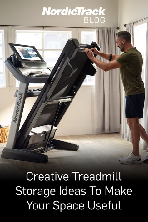 Treadmill Storage Small Spaces, Folding Treadmill Storage, Treadmill In Small Space, Garage Treadmill Space, Treadmill In Garage Ideas, How To Hide A Treadmill, Treadmill Bedroom, Treadmill Decorating Ideas, Treadmill Living Room