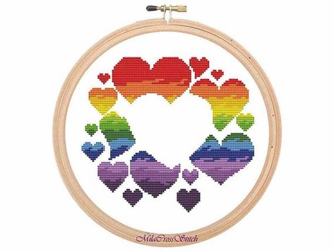 Cross stitch pattern “Rainbow Heart”. Colorful embroidery design. Modern xstitch, PDF chart. PATTERN SPECIFICATIONS: Required DMC colors: 12 Stitches: 96w X 86h Size: width – 6.9 inches (17.4 cm); height - 6.1 inches (15.6 cm) Fabric: 14 count Aida Stitches used: full stitches This template for Pride Cross Stitch, Cross Stitch Rainbow, Stitch Rainbow, Heart Cross Stitch Pattern, Heart Cross Stitch, Pattern Rainbow, Easy Cross Stitch Patterns, Cross Stitch Pillow, Chart Pattern