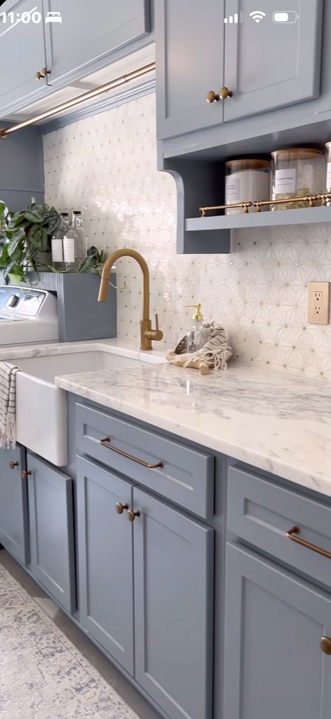 Blue Cabinets Backsplash Ideas, Sprayed Kitchen Cabinets, Blue Cabinets Granite Countertops, Kitchen Countertops With Blue Cabinets, Color Kitchen Cabinets Ideas, Blue Modern Farmhouse Kitchen, Kitchen Remodel Blue Cabinets, Kitchen Cabinets Grey Blue, Gray Cabinets Brass Hardware