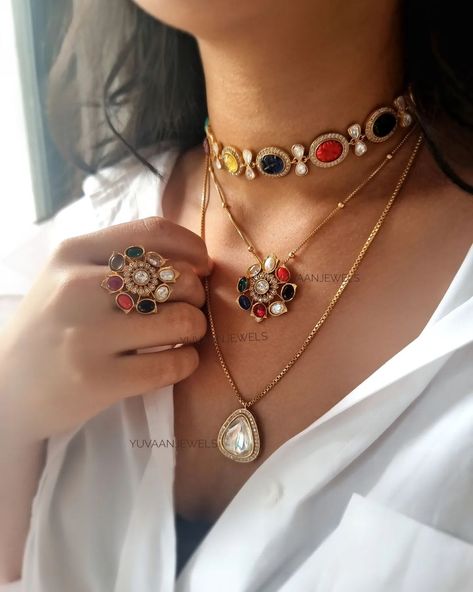 Ashta-mangal is multi-stone gemstone revival choker and a a double layered navratna and polki necklace- NAV-GRAH POLKI NECKLACE. This… | Instagram Navratna Polki Necklace, Nav Grah, Navratna Choker, Polki Pendant Set, Navratna Necklace, Jewellery Styling, Polki Choker, Indian Choker Necklace, Fancy Jewelry Necklace