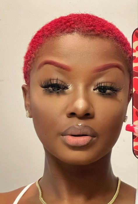 Red Haircut Black Women, Dyed Hair And Eyebrows, Red Buzzcut Women, Red Eyebrows Black Women, Red Twa Natural Hair, Red Dyed Hair Black Women, Red Twa, Hair Ideas For Women, Diy Hair Wig