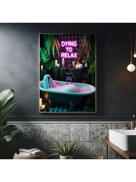 1pc Canvas Poster, Craving For Relaxation - Tropical Gothic Bathroom Print, Gothic Bathroom Decor, Neon Lights, Tropical Maximalism, Perfect For Dark Academia Book Lovers Gift, Artwork For Bedroom, Living Room, Hallway, Wall Art, Wall Decor, Room Decor, FramelessI discovered amazing products on SHEIN.com, come check them out! Bathroom Decor Neon, Tropic Goth, Tropical Maximalism, Gothic Maximalism, Romantic Bathroom Decor, Maximalism Art, Goth Bathroom, Gothic Bathroom Decor, Mexican Bathroom