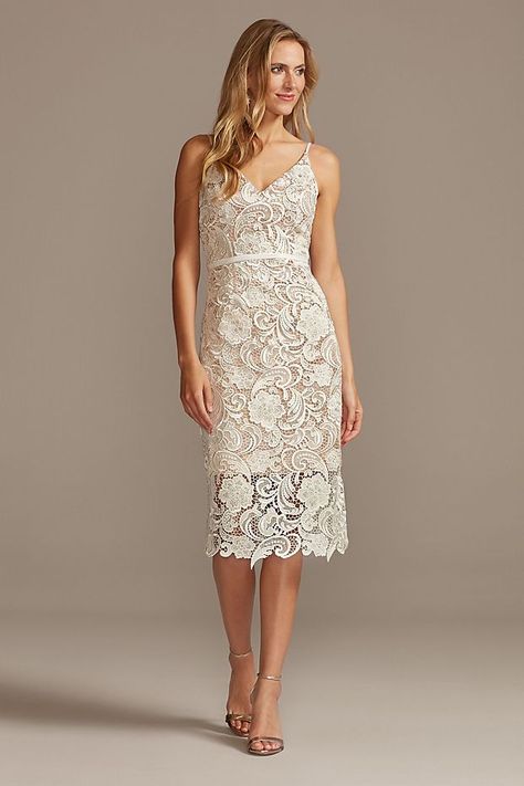 Crochet Lace Overlay Midi Spaghetti Strap Dress | David's Bridal Wedding Shower Dress, Sundress Floral, Informal Wedding Dresses, White Bridal Dresses, Rehearsal Dinner Dresses, Beaded Cocktail Dress, Midi Dress Style, Beaded Chiffon, Crochet Girls