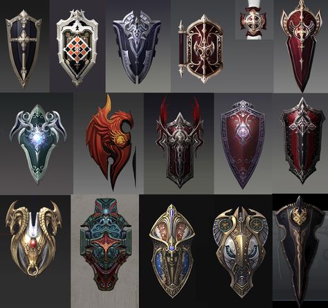 shields aion Cool Shield Designs, Shield Design Concept, Shield Concept Art, Fantasy Shield, Shields Design, Escudo Viking, Shield Designs, Arm Armor, Fantasy Armor