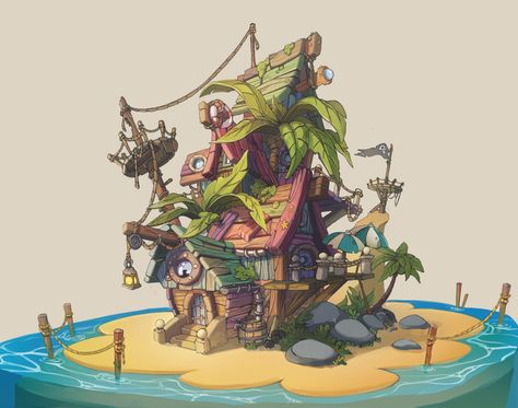 ArtStation - Pirate Hut, Etienne SAVOIE Habbo Hotel, Art Deco Logo, Pirates Cove, Cartoon House, I Love Drawing, House Sketch, Comic Book Artwork, Isometric Art, House Illustration