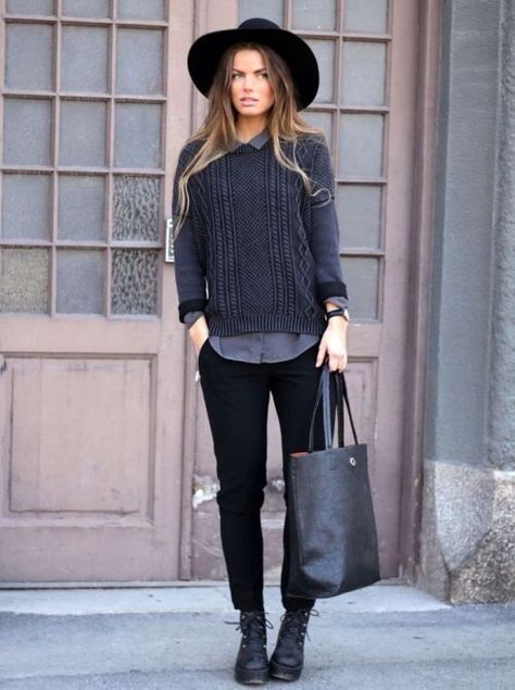 The versatility of a dark grey cable jumper and black chinos makes them investment-worthy pieces. A pair of black leather boots brings the dressed-down touch to the ensemble.  Shop this look for $130:  http://lookastic.com/women/looks/hat-dress-shirt-cable-sweater-watch-chinos-tote-bag-boots/5638  — Black Wool Hat  — Charcoal Dress Shirt  — Charcoal Cable Sweater  — Black Leather Watch  — Black Chinos  — Black Leather Tote Bag  — Black Leather Boots Stylish Hats, Mode Inspo, Black Hat, Inspiration Mode, Fashion Mode, Looks Style, Mode Inspiration, Fall Winter Outfits, Sweater Fashion