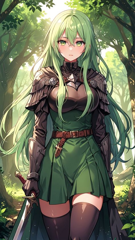 Green Hair Female Character Art, Anime Huntress, Green Hair Anime Female, Green Hair Anime Woman, Anime Warrior Female, One Piece Female Characters, Anime Green Hair, Green Warrior, Anime Elf