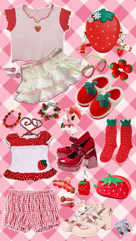 #hellokitty #decora #jfashion #kawaii #kawaiifashion #cute #girly #hellokitty #tokidoki Jfashion Kawaii, Strawberry Theme, J Fashion, Kawaii Fashion, Outfit Inspirations, Hello Kitty, Clothes, Kawaii