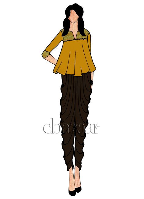 A Mustard Dhoti Set Western Short Dresses For Women, Western Short Dresses, Kalidar Anarkali, Fashion Sketchbook Inspiration, Short Dresses For Women, Pop Art Fashion, Simple Acrylic, Dress Illustration, Punjabi Dress