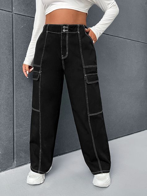 Black  Collar  Denim Plain Cargo Pants Embellished Non-Stretch  Plus Size Denim Cargo Neri Outfit, Blue Jean Cargo Pants, Cargo Outfits Women, Pants Embellished, Casual Denim Pants, Cargo Pants Outfit, Jeans Cargo, Loose Fit Jeans, Cargo Jeans