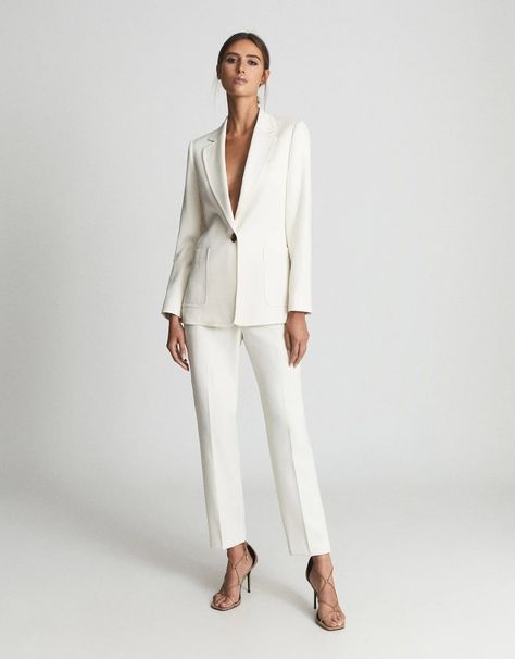 21 Chic Wedding Suits For Women Who Want to Rock a Bridal Suit Wedding Suits Women, Wedding Suits For Bride, Best Wedding Suits, White Wedding Suit, Ivory Suit, Women Suits Wedding, Satin Suit, Millie Mackintosh, Ruched Sleeve Blazer