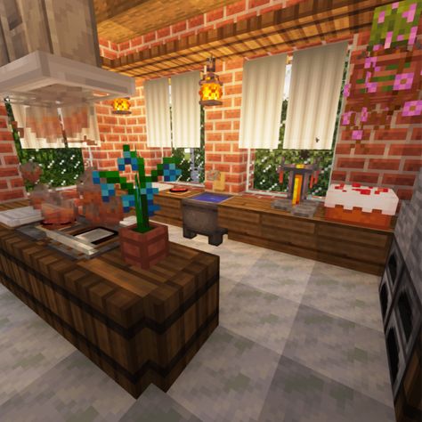 here is an updated version of my brick kitchen. #minecraft #minecraftkitchen #kitchendesign Inside Of House Minecraft, Minecraft House Interior Kitchen, Inside House Minecraft Ideas, Minecraft Inside Houses Ideas, Minecraft Interior Design Kitchen, Dining Room Minecraft, Minecraft Dining Room, Brick Kitchen Ideas, Minecraft Lore