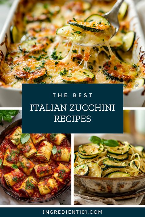 Discover a delicious collection of the best Italian zucchini recipes, perfect for making the most of fresh, seasonal zucchini! These recipes use classic Italian ingredients like olive oil, parmesan cheese, and fresh basil. From light meals like Zucchini Pasta and side dishes like Grilled Zucchini with Parmesan to comforting favorites like Zucchini Parmesan and Spicy Pesto & Cheese Stuffed Zucchini Involtini. Or fun recipes like Ricotta Stuffed Zucchini Boats, crispy Zucchini Fritters, and more. Zucchini With Cheese Recipes, Ricotta Stuffed Zucchini Boats, Healthy Authentic Italian Recipes, Zucchini Mozzarella Recipes, Easy Zucchini Recipes Dinners, Italian Dinner Side Dishes, Zucchini Ricotta Recipes, Italian Zucchini Recipes, Yellow Zucchini Recipes