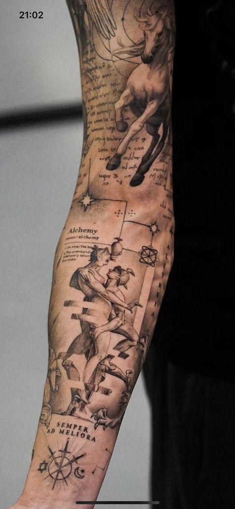 Greek Tattoos For Men Forearm, Filled In Patchwork Sleeve Tattoo, Roman Arm Tattoo, Greek Elbow Tattoo, Philosophy Tattoos Ideas, Roman Theme Tattoo, Icarus Tattoo Sleeve, Arm Sleves Tattoo Design, Greco Roman Tattoo