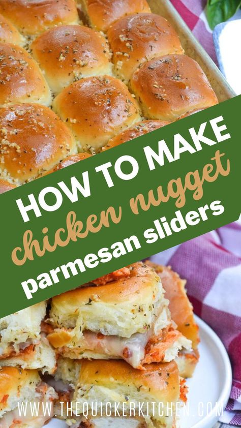 Things To Make With Chicken Nuggets, Hawaiian Roll Sliders Chicken Nuggets, Frozen Chicken Nugget Appetizers, Chicken Nugget Biscuit, Chicken Nugget Meals Dinners, Chicken Nugget Parmesan Sliders, Dino Nugget Chicken Parm, Chicken Parm Sliders Chicken Nuggets, Chicken Nugget Sandwich Recipes