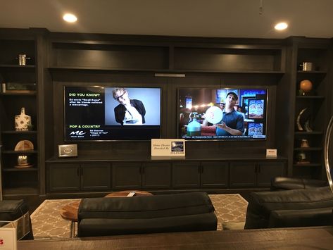 Media Room With Multiple Tvs, Double Tv Game Room, Two Tv Game Room, Game Room Multiple Tvs, Double Tv Setup Living Room, Multiple Tv Wall Ideas Man Cave, Multiple Tvs On Wall, Two Tvs In One Room Ideas, Multiple Tv Wall Ideas