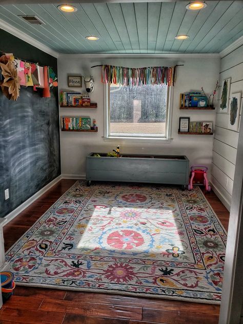 Playroom With Big Windows, Playroom Multipurpose Room, Playroom Update, Eclectic Playroom Decor, Nice Playroom, Kids Craft Room Ideas Playrooms, Cottage Playroom Ideas, Five Year Old Playroom, Sunroom Toy Room Ideas