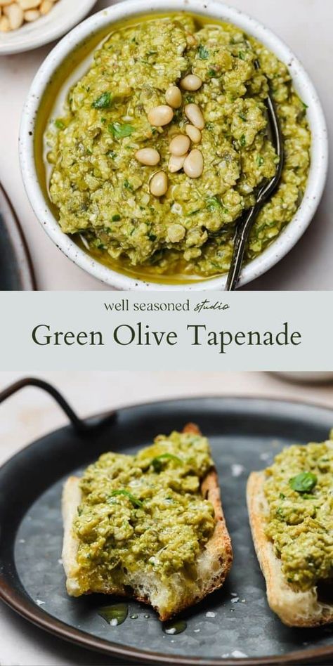 Green Olive Tapenade, Olive Tapenade Recipe, Tapenade Olive, Tapenade Recipe, Olive Spread, Toasted Baguette, Olive Recipes, Olive Tapenade, Green Bedroom