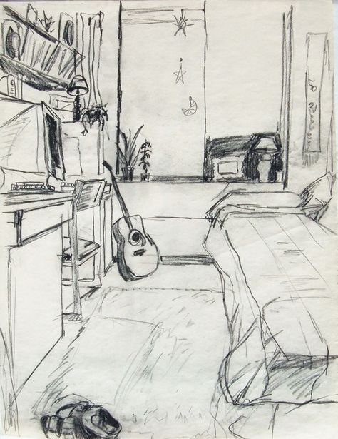 Fundamentals by Lara Bezich, via Behance Messy Room Sketch, Room Drawing Ideas Bedroom, Dorm Room Drawing, Room Sketch Perspective, Bedroom Sketch Drawings, Rooms Drawing, Bedroom Drawing Aesthetic, Draw Bedroom, Sketch Background Ideas