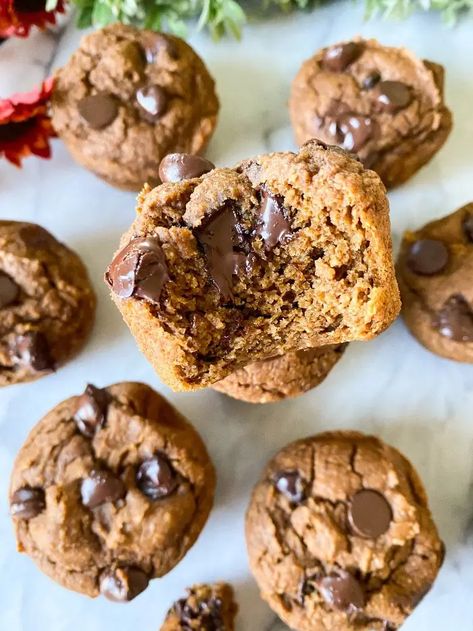 Pumpkin Protein Muffins (Flourless One Bowl!) Protein Pumpkin Muffins, Vegan Pumpkin Chocolate Chip Cookies, Pumpkin Protein Muffins, Pumpkin Protein, Gf Baking, Healthy Version, Protein Muffins, Pumpkin Chocolate Chip Cookies, Pumpkin Spice Syrup