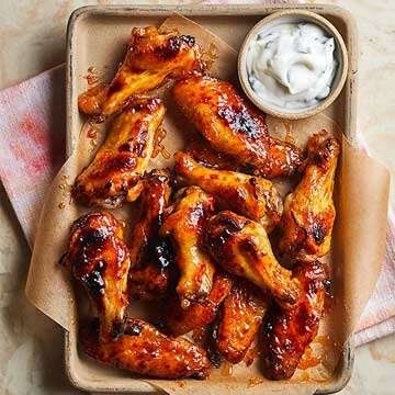 Sticky, Kicky Chicken Wings with Cilantro Yogurt Sticky Honey Chicken, Honey Chicken Wings Recipe, Honey Chicken Wings, Sticky Chicken Wings, Glazed Chicken Wings, Graduation Party Foods, Sticky Chicken, Chicken Wings Recipe, Wings Recipe