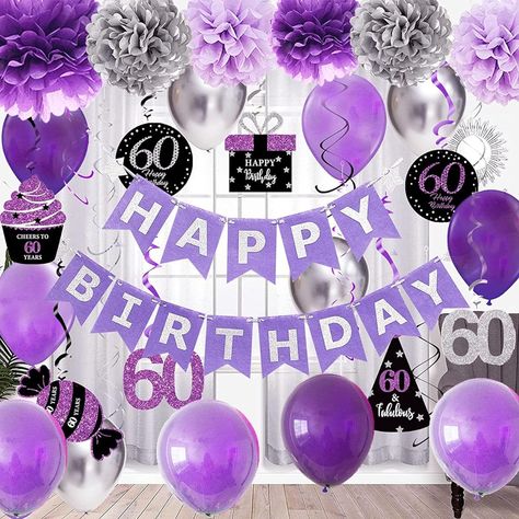 60th Birthday Decorations for Women/Ladies 60th Birthday Party Purple Silver Black Hanging Decorative Swirls Includes: 8 swirls with 8 different cutouts + 7 foil swirls in different colors Purple/Silver/Black, total 15 pcs; 6 tissue pom poms: Purple/Lavender/Silver, each size includes: 1 x 10 + 1 x 30.5 cm; 15 pcs balloons: 5 pcs+purple+5 pcs*lavender+5 pcs*silver; 1 pack purple HAPPY BIRTHDAY banner with silver letters. Silver and purple....always classic and fashionable. The unique purple silver swirls will be an eye-catching and elegant 60th birthday party decorations that will make your party shine. New Release 60th Birthday Purple Decorations/Selena Birthday Party Decorations/Purple Silver Birthday Decorations/60th Birthday Mom Decorations/60th Purple Birthday Party Decorations, Purpl Silver Birthday Decorations, Birthday Decorations Women, Purple Birthday Party Decorations, Party Decorations Purple, Purple Decorations, Birthday Party Purple, Purple Happy Birthday, Birthday Decorations For Women, Hanging Balloons