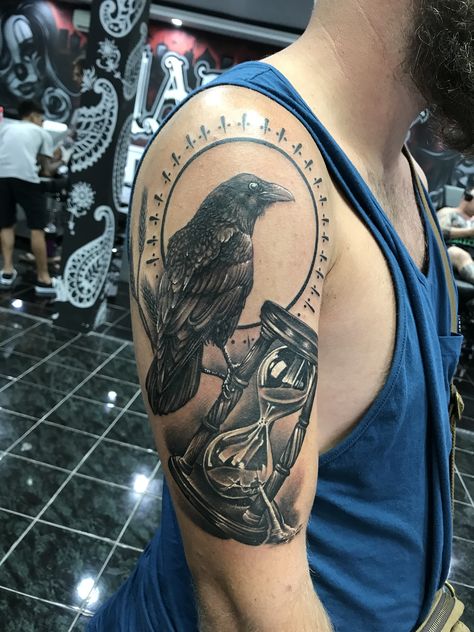 Raven tattoo. Consider the ravens tattoo. Luke 12:24. Hourglass tattoo Raven And Hourglass Tattoo, Raven Hourglass Tattoo, Raven With Clock Tattoo, Tattoo With Clock, Traditional Crow Tattoo, Raven Tattoo Design, Ravens Tattoo, Raven Tattoos, Crow Tattoos