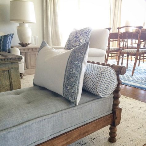 I like the bench, the spool legs and the chambray fabric and the pillow fabrics Antique Daybed, Spool Bed, Spool Chair, French Daybed, The Lettered Cottage, Lettered Cottage, Antique Furniture For Sale, Chambray Fabric, House Beds