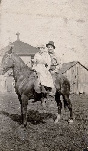 found couple riding horse, via Flickr. Wild West Show, Annie Oakley, Rodeo Cowgirl, Cowgirl Art, Vintage Cowgirl, Photo Postcard, Vintage Horse, Cowboy And Cowgirl, Old West