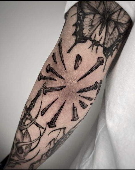 Arm Tattoos Drawing, Occult Tattoo, Tattoo Filler, Wicked Tattoos, Elbow Tattoos, Theme Tattoo, Creepy Tattoos, Spooky Tattoos, Cute Tiny Tattoos