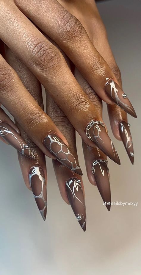 Plum Nails, Airbrush Nails, Long Nail Designs, Edgy Nails, Stiletto Nails Designs, Exotic Nails, Metallic Nails, Manicure Y Pedicure, Fire Nails