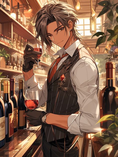 Male Bartender Character Design, Bartender Oc Male, Anime Waiter Guy, Drunk Anime Guy, Anime Drinking Alcohol, Bartender Reference, Bartender Character Design, Bartender Drawing, Bartender Illustration