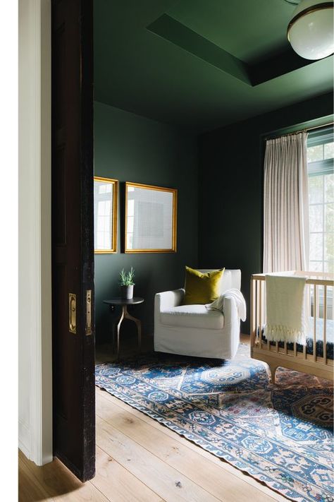 Ahead, we explore the question: Should you paint nursery walls, ceiling, and trim the same color? Parisian Style Apartment, Dark Nursery, Nursery Paint Colors, Monochromatic Room, Dark Green Walls, Downtown Lofts, Green Nursery, Nursery Paintings, Apartment Renovation