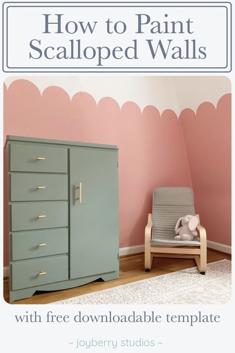 Scalloped walls are a great way to add a unique touch to a room. They are easy and fast to paint. They are cheaper and less permanent than wallpaper! In this tutorial I walk you through how to paint scalloped walls and also provide a free template for the scallops. Scalloped Walls, Kids Bedroom Paint, Girls Bedroom Paint, Girls Room Paint, Room Accent Wall, Toddler Bedroom Girl, Big Girl Bedrooms, Kids Room Paint, Kids Playroom Decor