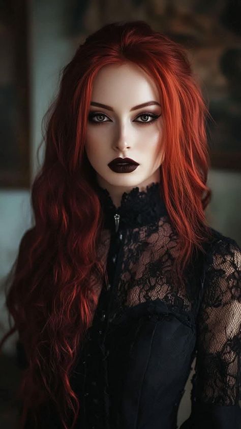 Older Goth Women, Vampire Black Woman, Dramatic Female Portrait Photography, Beautiful Goth Women, Gothic Vampire Women, Vampire Woman Aesthetic, Dark Russian Aesthetic, Redhead Vampire, Vampire Woman Art