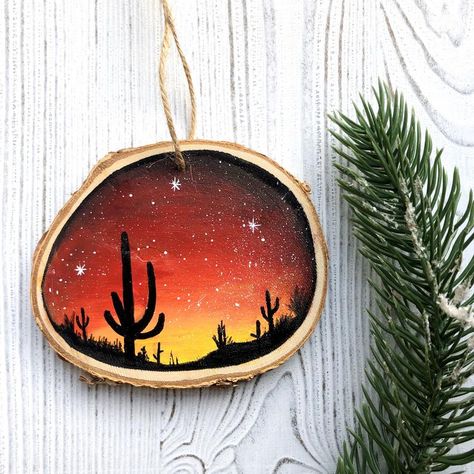 Red Night Sky, Best Gifts For Friends, Wood Slice Ornaments, Wiccan Decor, Rustic Christmas Ornaments, Painted Ornament, Wood Slice Crafts, Wood Slice Art, Cactus Desert