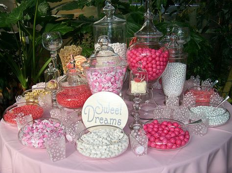 I like the different containers.  Also silver spoons for some of the smaller candies, instead of a big scoop. Candy Bar Wedding Reception, White Candy Buffet, Pink Candy Buffet, Bar Wedding Reception, Lolly Buffet, Candy Buffet Wedding, Candy Buffet Tables, Candy Bar Wedding, Candy Station