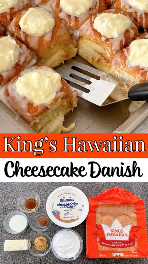 Quick & delicious King’s Hawaiian Cheesecake Danish! Made with soft Hawaiian rolls and creamy no-bake cheesecake filling, these easy breakfast pastries are perfect for brunch, holidays, or anytime you crave a sweet treat. Ready in minutes with a hint of cinnamon and vanilla glaze—pin now for a simple, crowd-pleasing recipe! King Hawaiian Cheesecake, Breakfast Recipes With Hawaiian Sweet Rolls, Local Hawaiian Recipes, Kings Hawaiian Sweet Rolls, Cheese Danish Hawaiian Rolls, How To Make Danishes, Recipe Using Hawaiian Sweet Rolls, King’s Hawaiian Rolls Recipe, King Hawaiian Cheese Danish