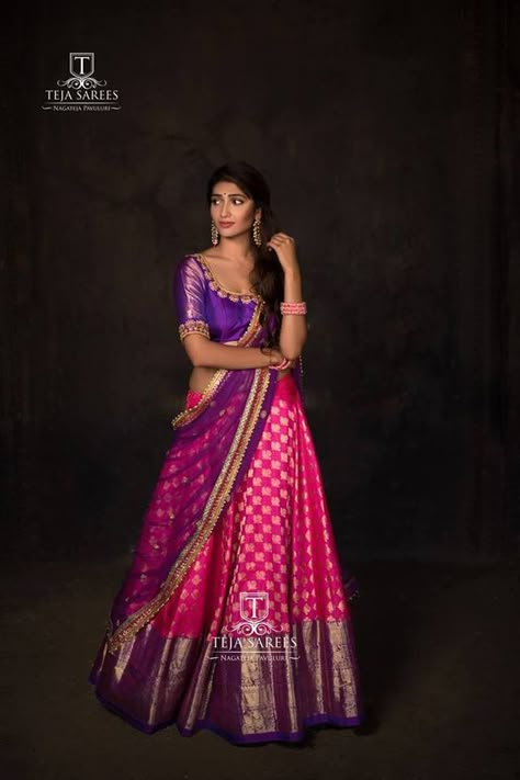 silk half sarees Lehenga Beautiful, Teja Sarees, Silk Half Saree, Half Saree Function, Langa Voni, Lehenga Saree Design, Indian Outfits Lehenga, Half Saree Lehenga, Lehnga Dress