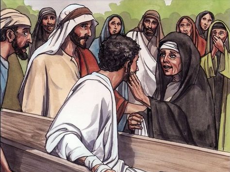 Free Visuals:  Jesus raises the widow's son  Jesus raises to life the dead son of a widow living in Nain. Luke 7:11-17 Jesus Miracles, Luke 7, Bible Movies, Animated Bible, Bible Quotes Pictures, Dead Boy, The Bible Movie, Oldest Bible, Bible Stories For Kids