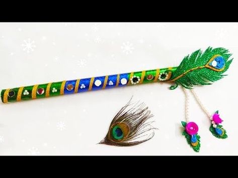 Flute Making For Kids, How To Make Flute With Paper, Flute Decoration Ideas, Bansuri Flute Krishna, Palna Decoration, Dandiya Decoration Ideas, हलव्याचे दागिने, Flute Decoration, Janmashtami Craft