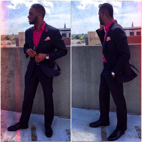 A little flash of fushia goes well with your black on black pinstriped suit. Fushia flower lapel and rose pocketsquare accompany the ensemble. #DMNCRSS www.dominicross.net Pink Suit Men, Three Piece Suit Mens, Mens Formal Outfits, Fuschia Wedding, Pinstriped Suit, Black Pinstripe Suit, Grooms Men, Prom Suits For Men, Black Suit Men