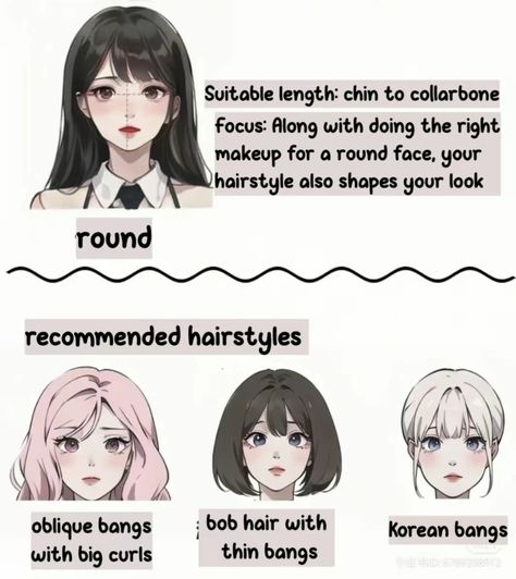 Hairstyle For Short Hair Round Face, Round Face Shape Hairstyles For Women, Japanese Round Face Haircut, How To Part Your Hair Face Shapes, Airy Bangs Korean Round Face, Korean Hairstyle Round Faces, Cute Short Haircuts Asian, Types Of Bangs For Short Hair, Haircuts For Round Faces And Fine Hair