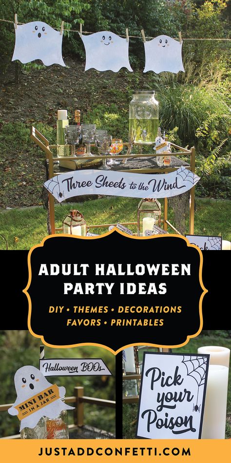 Adult Halloween Party Ideas, Halloween Bar Cart, Halloween Prizes, Halloween Bar, Apollo 1, Ghost Party, Wooden Clothespins, Adult Halloween Party, Halloween Bash