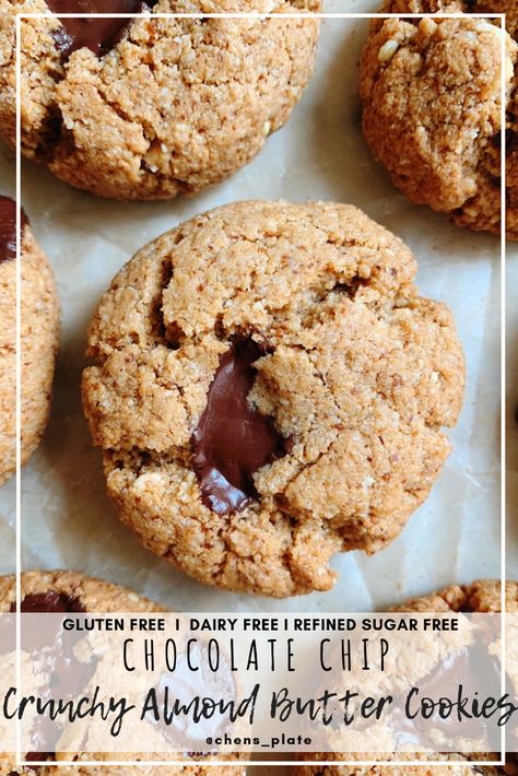 Crunchy Almond Butter Cookies — Chen's Plate Nut Butter Cookies, Almond Butter Cookies, Almond Flour Cookies, Sugar Free Chocolate Chips, Perfect Cookie, Sugar Free Chocolate, Gluten Free Cookies, Refined Sugar Free, Nut Butter